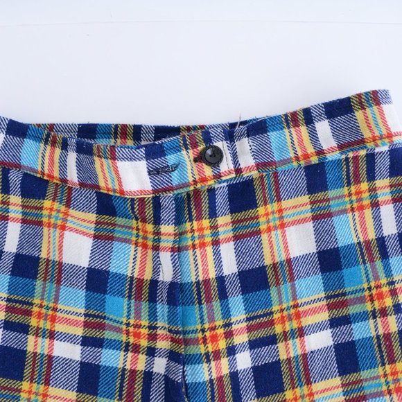 70's Inspired Yellow &  Blue Checker Print Wide Leg Pants - Picture 10 of 14